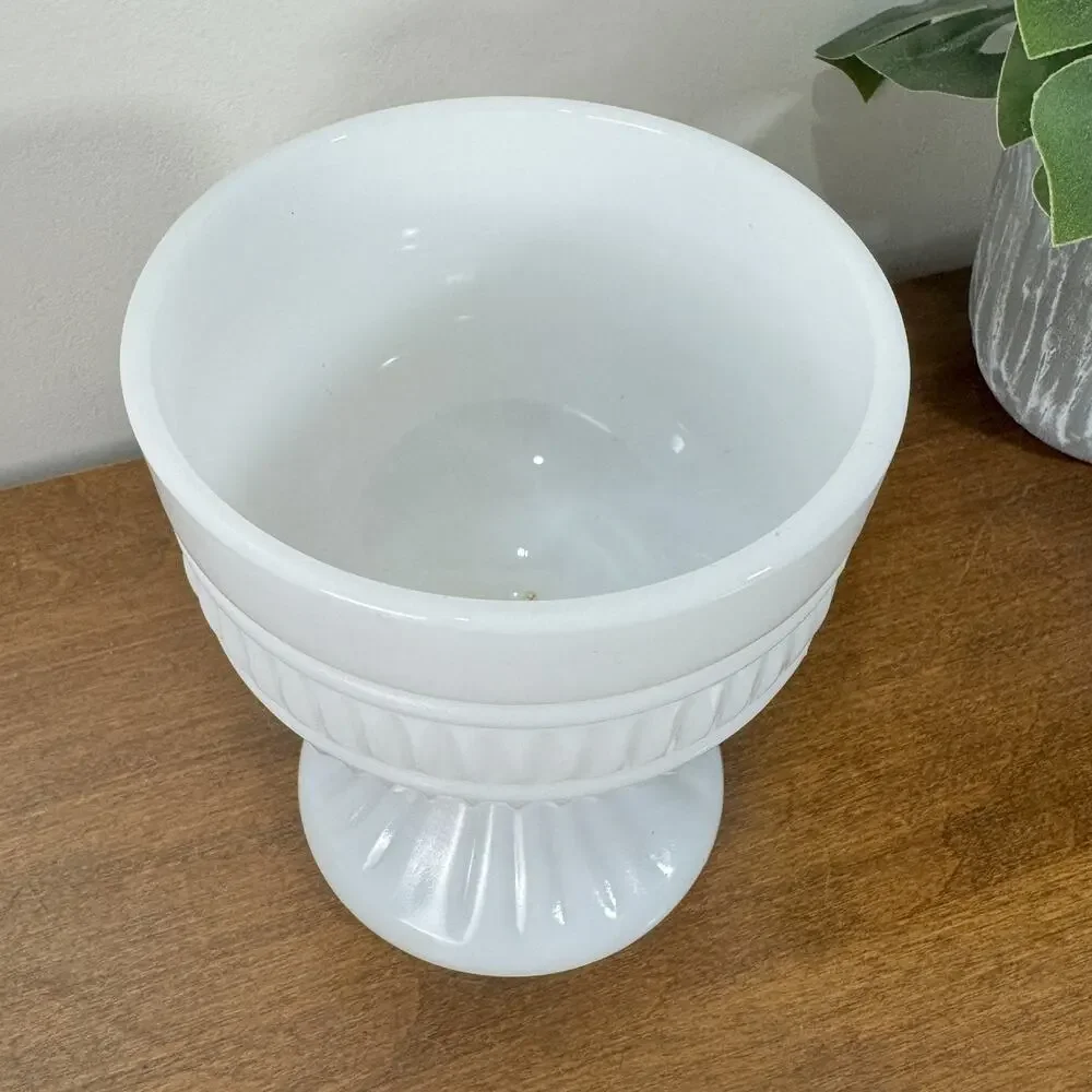 Vintage Milk Glass Pedestal Vase Ribbed Compote Bowl White Mid Century Modern